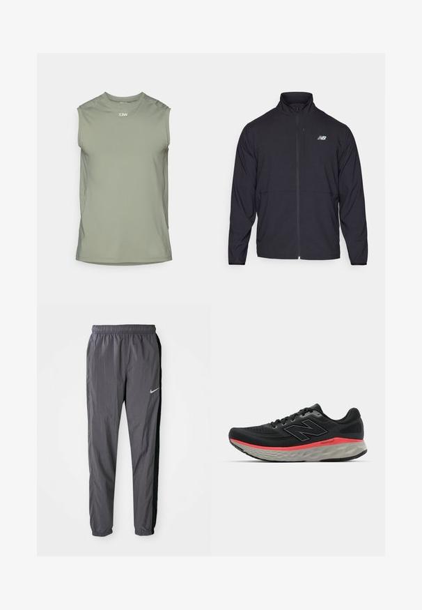 Črna jopica na zadrgo z visokim ovratnikom, lahkotna tkanina in dolgi rokavi. Ima majhen, odsevni logo na levem prsnem delu.; Telovadna majica brez rokavov v olivno zeleni barvi, ki vključuje mrežne panele za zračnost, okroglo izrezana in ima subtilno logotip na sprednji strani.; Nike teka hlače, narejene iz lahkega materiala, v temno sivi barvi z črnimi stranskimi paneli. Imajo elastični pas in odsevni znak.; Črne tekaške čevlje z mrežastim zgornjim delom, okrašene s roza srednjim delom podplata in sivo podplatom. Imajo teksturirane podrobnosti in prilagodljivo zasnovo podplata.