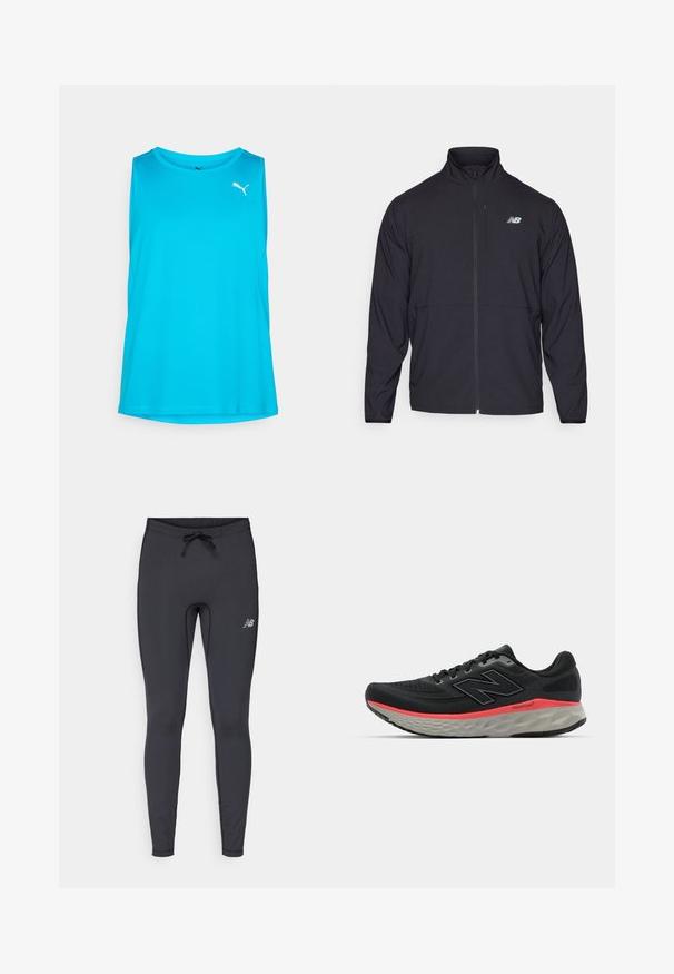 Melnā jaku ar rāvējslēdzēju, augstu apkakli, vieglu audumu un garām piedurknēm. Uz kreisā krūts ir neliels atstarojošs logos.; Gaiši zils bezsleja sporta krekls, izgatavots no gludas auduma. Tam ir apaļš kakla izgriezums un balts Puma logo kreisajā augšējā pusē.; Melnas sportiskas legingas, kas izgatavotas no elastīga auduma. Aprīkotas ar aukliņu jostu un mazu atstarotāju logotipu labajā priekšējā augšstilbā.; Melnas skriešanas kedas ar sietu augšdaļu, akcentētas ar rozā vidussole joslu un pelēku zoli. Iespējamas tekstūras detaļas un elastīga zoles dizains.