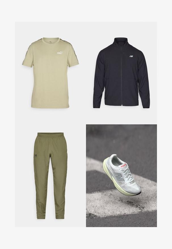 Svart jakke med glidelås og høy krage, lett stoff og lange ermer. Har en liten, reflekterende logo på venstre bryst.; Lys olivenfarget t-skjorte med korte ermer laget av myk bomull. Har rund hals, logo på brystet og kontrasterende mønstrede ermer.; Olivengrønne treningsbukser med elastisk midjebånd, smale ben, en glatt tekstur og en liten svart logo på venstre side.; Lett løpesko med et hvitt mesh-overdel, gul mellomsåle og grå detaljer. Har et fremtredende 'N'-logo og teksturert overflate.