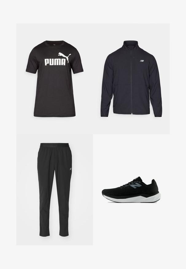 Black zip-up jacket with a high collar, lightweight fabric, and long sleeves. Features a small, reflective logo on the left chest.; Black cotton t-shirt featuring a white "PUMA" logo and leaping puma graphic on the chest. Short sleeves and a round neckline.; Black athletic pants made of lightweight material with an elastic waistband, tapered design, and subtle logo detail on the side.; Black athletic shoe with textured knit upper, white midsole, and black outsole. Features lace-up closure and side logo detail.