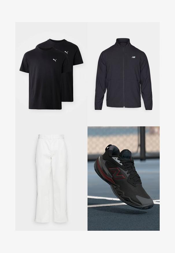 Crna jakna na zip s visokim ovratnikom, lagani materijal i dugi rukavi. Sadrži mali reflektirajući logo na lijevoj strani prsnog područja.; Crne pamučne majice u pakiranju od dva komada. Imaju okrugli izrez, kratke rukave i bijeli Puma logo na gornjem lijevom dijelu.; Bijele pamučne hlače s ravnim krojem, s petljama za remen i bočnim džepovima, glatke teksture i minimalnim detaljima.; Crne atletske cipele s teksturiranim gornjim dijelom, crvenim detaljima i gumeni potplat. Imaju nisku siluetu i ojačani vrh.