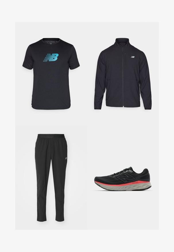 Fekete cipzáras dzseki magas gallérral, könnyű anyagból és hosszú ujjakkal. Kicsi, fényvisszaverő logo található a bal mellen.; New Balance LIGHTWEIGHT GRAPHIC - Sportfelső - black; Fekete sportnadrág könnyű anyagból, rugalmas derékpánttal, szűkített fazonnal és diszkrét logóval az oldalon.; Fekete futócipő, hálós felsőrésszel, rózsaszín középtalppal és szürke talppal. Texturált részletekkel és rugalmas talp kialakítással rendelkezik.