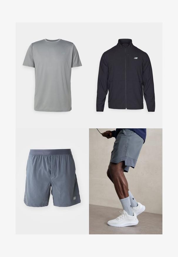 Chaqueta negra con cremallera y alto cuello, de tejido ligero y mangas largas. Presenta un pequeño logo reflectante en el lado izquierdo del pecho.; New Balance Camiseta deportiva - slate grey; Pantalones cortos deportivos para hombre en gris oscuro, hechos de material ligero. Tienen una cintura elástica y un pequeño logotipo en la parte inferior de la pierna.; Zapatillas deportivas blancas con parte superior de malla texturizada, combinadas con calcetas de canalé azul claro que cuentan con un logo. Pantalones cortos deportivos grises con borde perforado.