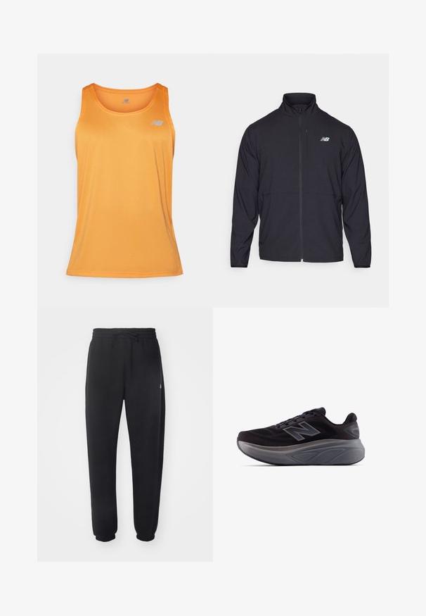 Crna jakna na zip s visokim ovratnikom, lagani materijal i dugi rukavi. Sadrži mali reflektirajući logo na lijevoj strani prsnog područja.; New Balance Top - sizzle; Crne sweatpants napravljene od mekog materijala s elastičnom trakom u struku, žicom za zatezanje i suženim manžetama, s blagim logotipom sa strane.; Crne sportske tenisice s teksturiranim gornjim dijelom, ojačanim petom i debelim sivim potplatom. Sadrže istaknuti logo "N".