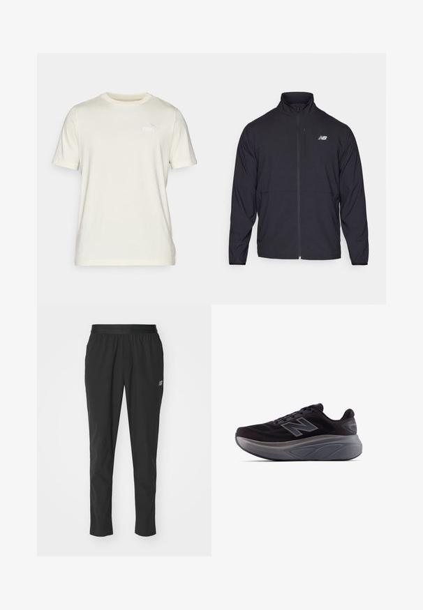 Čierna bunda na zips s vysokým golierom, z ľahkého materiálu a dlhými rukávmi. Obsahuje malé reflexné logo na ľavej hrudi.; Krémske tričko s krátkymi rukávmi vyrobené z jemnej bavlny s okrúhlym výstrihom. Obsahuje malé vyšívané logo Puma na hrudi.; Čierne športové nohavice vyrobené z ľahkého materiálu, s elastickým pásom, zúženým strihom a diskrétnym logom na boku.; Čierna športová obuv s textúrovaným zvrškom, vystuženou pätou a hrubou šedou podrážkou. Obsahuje výrazné logo "N".