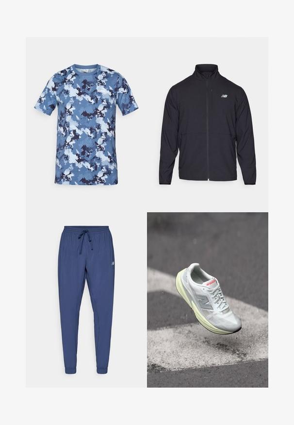 Fekete cipzáras dzseki magas gallérral, könnyű anyagból és hosszú ujjakkal. Kicsi, fényvisszaverő logo található a bal mellen.; Kék kamuflázs póló, könnyű anyagból készült, rövid ujjú, kerek nyakú. Fehér logó az elején.; Tengerészkék sportnadrág, elasztikus derékrésszel, behúzó zsinórral és beszűkülő szárakkal. Oldalsó zsebekkel és egy kis logóval az egyik lábon.; Könnyű futócipő fehér hálós felsőrésszel, sárga középtalppal és szürke akcentusokkal. Jellemzője a feltűnő "N" logó és a texturált felület.