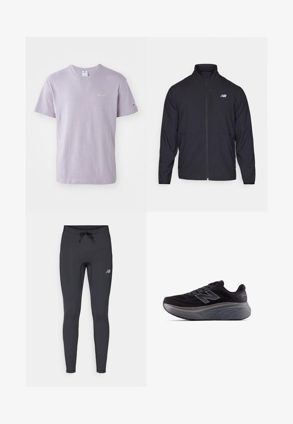 Black zip-up jacket with a high collar, lightweight fabric, and long sleeves. Features a small, reflective logo on the left chest.; Light purple cotton t-shirt featuring a crew neck, short sleeves, and a small green logo on the chest with a logo accent on the sleeve.; Black athletic leggings made from stretch fabric. Features a drawstring waistband and a small reflective logo on the front right thigh.; Black athletic shoe with a textured upper, reinforced heel, and a thick gray sole. Features a prominent "N" logo.