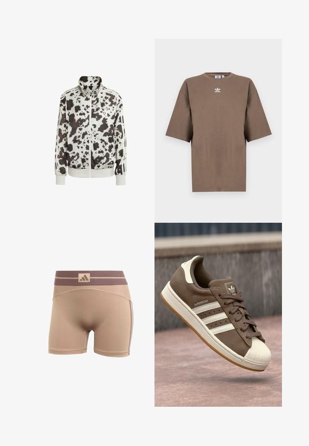 Bijela jakna s uzorkom krave u crnoj i smeđoj boji. Ima visoki ovratnik, zip-front te pruge na rukavima. Glatki, lagani materijal.; Smeđa pamuk majica s kratkim rukavima, okruglim izrezom i bijelim Adidas logotipom centriranim na prsima, s jednostavnim dizajnom i opuštenim krojem.; adidas Performance HYPERGLAM - Tajice - chalky brown earth strata; Smeđi suedetenisice s bijelim prugama, kremastim naglascima i gumenkatom nosu. Imaju vezano dizajn i teksturiranu gumu.