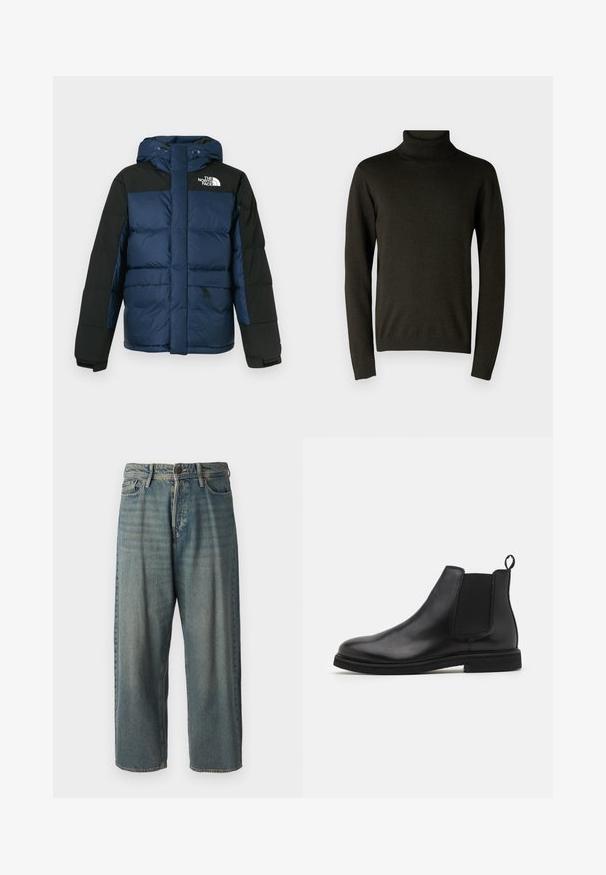 Blue and black puffer jacket with a hood, featuring a front zipper, side pockets, and logo on the chest, made from insulated material.; Dark green turtleneck sweater made of soft knit material, featuring long sleeves and ribbed cuffs and hem. Smooth texture with minimal detailing.; Light blue denim jeans with a loose fit, mid-rise waist, and straight legs. Features five pockets, belt loops, and a button closure.; Black leather Chelsea boots with elastic side panels and a pull tab. Rounded toe and flat rubber sole, showcasing a smooth finish.
