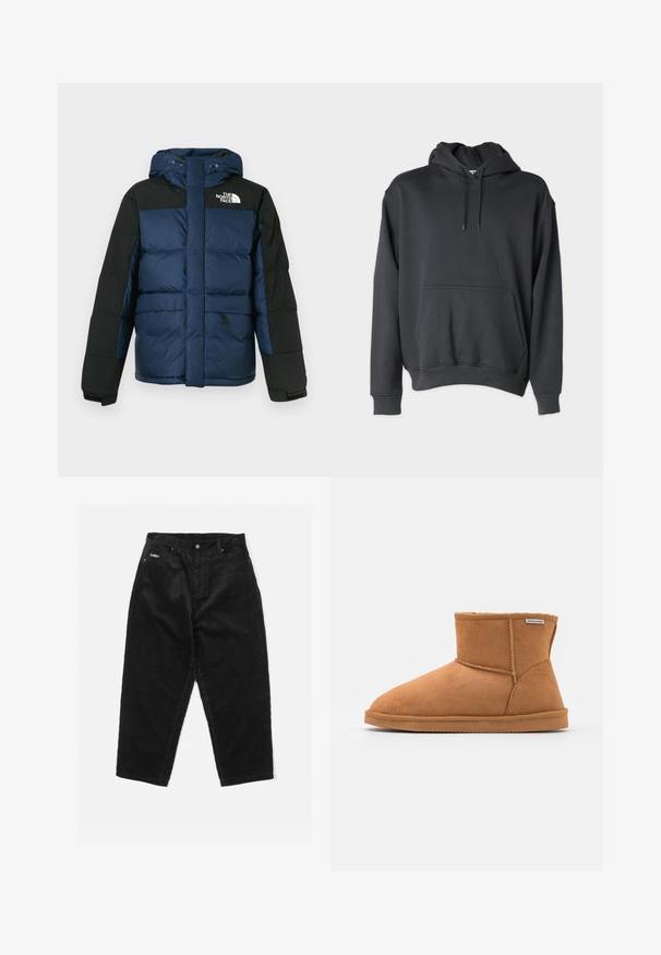 Sininen ja musta toppatakki hupulla, jossa edessä vetoketju, sivutaskut ja rintalogo, valmistettu eristävästä materiaalista.; Tummaharmaa huppari, joka on valmistettu pehmeästä kankaasta. Siinä on etutasku, nyörit hupussa ja ribbaus hihansuissa ja helmassa.; Mustat corduroy-housut, joissa on löysä istuvuus, korkea vyötärö, etutaskut ja näkyvät saumat. Huomiota herättävä rakenne, jossa on leveät hetket.; Ruske nubuk ankle boot s zaobljenim prstom, mekom unutarnjom oblogom, šavnim detaljima i gumenom potplatom. Oznaka branda vidljiva sa strane.