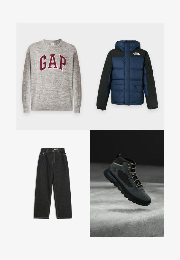 Kék és fekete kapucnis steppelt dzseki, elöl cipzárral, oldalzsebekkel és mellkason logóval, szigetelt anyagból készült.; Szürke garbós pulóver bordó "GAP" felirattal és középen elhelyezett kis "Athletic" szöveggel a mellkason, bordázott mandzsettákkal és hemekkel.; Fekete, egyenes szárú farmernadrág fehér varrással, öt zsebes kialakítással, gombbal és cipzárral záródik, valamint egy kis logó található a jobb elülső zseben.; Sötétszürke túrabakancs, amely velúr és szintetikus anyagokból készült, párnázott nyakkal, bézs fűzőkkel és strapabíró gumitalppal a tapadás érdekében.