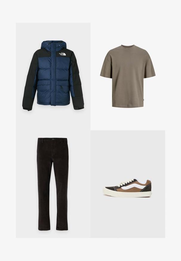 Blå och svart vadderad jacka med huva, med frontdragkedja, sidofickor och logotyp på bröstet, tillverkad av isolerande material.; Bomull t-shirt i dämpad olivgrön; har rund hals, korta ärmar och en avslappnad passform med minimal sömdetalj.; Svarta kordflorsbyxor med rak passform, som har en enda knappstängning och subtil textur. Minimalistisk stil utan synliga mönster.; Svart och bruna sneakers med vita accenter, i kanvasmaterial, låg modell, rund tå och beige gummisulor. Har kontrasterande sömmar.