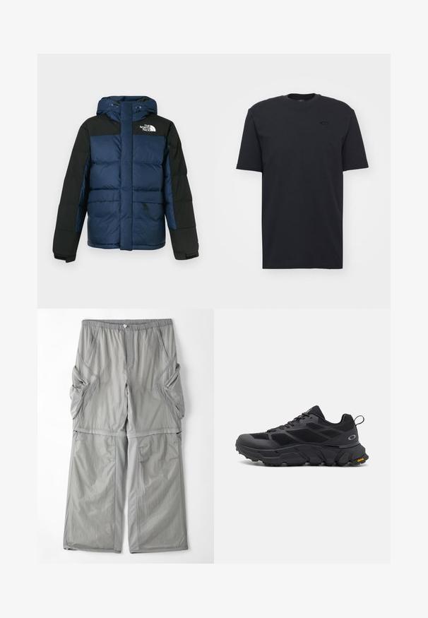 Blue and black puffer jacket with a hood, featuring a front zipper, side pockets, and logo on the chest, made from insulated material.; Black cotton short-sleeve t-shirt with crew neckline, featuring a subtle logo accent on the chest and a relaxed fit.; Light grey, breathable fabric trousers with an elastic waistband, side pockets, and contrasting grey piping along the seams. Loose fit design.; Black athletic shoes with a chunky sole, mesh and synthetic upper, textured accents, and Vibram branding on the outsole.