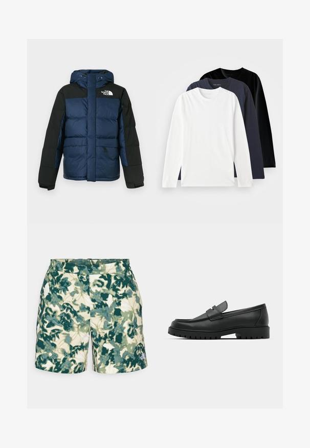 Blue and black puffer jacket with a hood, featuring a front zipper, side pockets, and logo on the chest, made from insulated material.; Three long-sleeve T-shirts stacked: one white, one dark navy, and one black. Made of smooth cotton, featuring round necklines and side slits.; Shorts with a green floral pattern on a cream background, featuring an elastic waistband and a small logo on the lower right side.; Black leather loafers with a rounded toe, featuring a stitched design, low platform sole, and a textured, lugged rubber outsole.