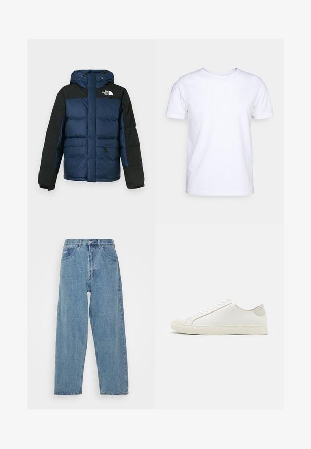 Blå och svart vadderad jacka med huva, med frontdragkedja, sidofickor och logotyp på bröstet, tillverkad av isolerande material.; Vit kortärmad t-shirt i bomullstyg med rund halsringning. Enkelt design utan mönster eller detaljer. Slät textur.; Ljust blå denimjeans med hög midja och avspänd passform, med två framfickor, en bakficka och knappstängning.; Vita lädersneakers med en slät yta, rund tå och minimalistisk design. Har beige detaljer vid hälen och en gummisula.