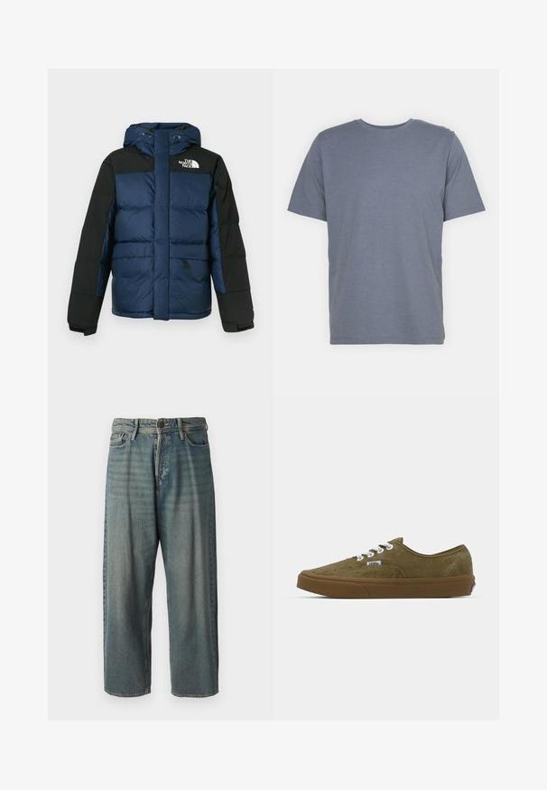 Doudoune bleue et noire avec capuche, dotée d'une fermeture éclair à l'avant, de poches latérales et d'un logo sur la poitrine, fabriquée en matériau isolant.; T-shirt gris à manches courtes avec un col rond, fabriqué en un doux tissu en mélange de coton. Design simple, sans motifs ni accents.; Jeans en denim bleu clair avec une coupe ample, taille mi-haute et jambes droites. Comprend cinq poches, des passants de ceinture et une fermeture à bouton.; Baskets en daim vert olive avec des lacets blancs, semelle en caoutchouc marron, design basse et détails cousus le long des bords.