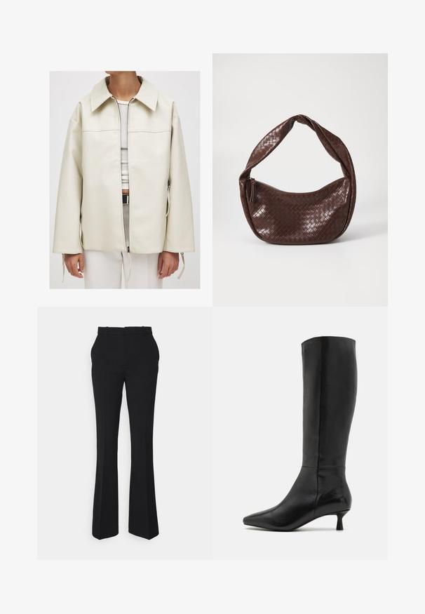 Kremowa skórzana kurtka z zapięciem na zamek błyskawiczny z przodu, dużym kołnierzem i bocznymi zamkami; posiada gładką teksturę oraz luźny, pudełkowy krój.; Biała koszulka z krótkim rękawem, wykonana z bawełny. Posiada okrągły dekolt i luźny krój. Gładka faktura bez widocznych wzorów czy akcentów.; Czarne spodnie w kształcie dzwonów wykonane z gładkiego materiału, z średnim stanem, paskami na pasek i schludną, dopasowaną sylwetką.; Zign - Kozaki; Brązowa, pleciona skórzana torba z zakrzywionym, zawiązanym uchwytem i zamknięciem na zamek. Gładka tekstura i zaokrąglony kształt.