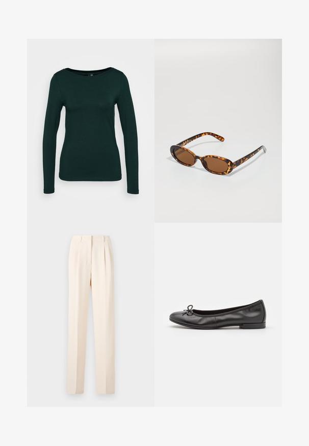 Valkoinen nahkatakki, jossa on edessä vetoketjusuljenta, suuri kaulus ja sivuvetoketjut; siinä on sileä pinta ja rento, laatikkomainen istuvuus.; Pitkähihaine tummanvihreä paita, joka on valmistettu pehmeästä kankaasta. Mukana pyöreä pääntie ja istuva muotoilu saumattomilla reunoilla. Minimalistinen tyyli.; Beige suorat housut, joissa on laskokset, suora leikkaus ja sileä tekstuuri. Vyötärö on siisti ilman näkyvää metalliosaa.; Musta nahkainen ballerina-muotoinen kengät, joissa on pyöristetty kärki, pieni rusettikoriste edessä ja matala suorakulmainen korko. Silkka rakenne.; Silmustäkkilised prillid ovaalsete raamidega, pruunid läätsed ja õhukesed mustad käepidemed, millel on peened mustri aksendid.