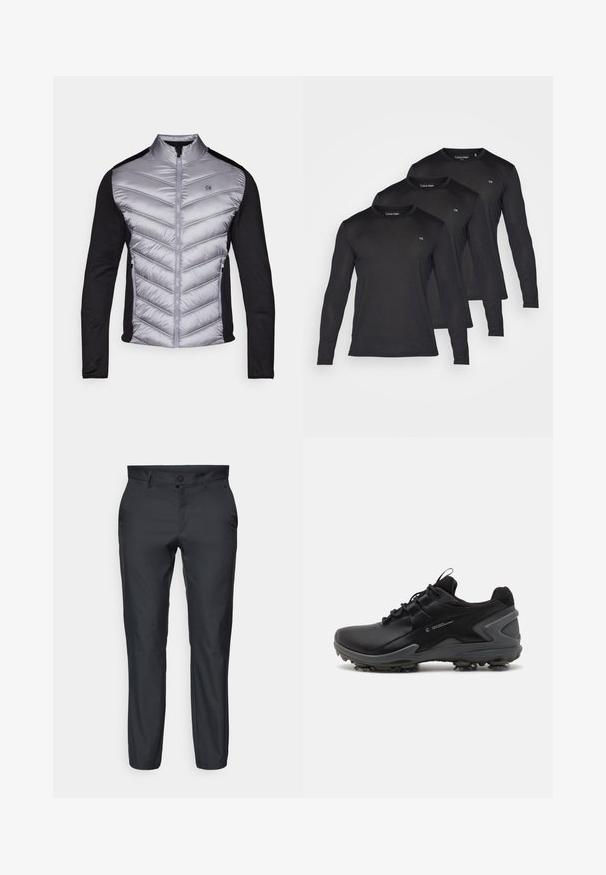 Μπουφάν με επένδυση, με ασημένιο, ραμμένο μπροστινό μέρος και μαύρους πλεκτούς μανίκους. Διαθέτει ψηλό γιακά, φερμουάρ μπροστά και λογότυπο στο στήθος.; Τρία μαύρα πουκάμισα με μακριά μανίκια από ελαφρύ ύφασμα, με στρογγυλή λαιμόκοψη και μικρό λογότυπο CK στο στήθος.; Σκούρες γκρι παντελόνες με ίσια γραμμή. Κατασκευασμένες από απαλό, ελαφρύ ύφασμα. Διαθέτουν κουμπί κλεισίματος και θηλιές ζώνης.; Μαύρα αθλητικά παπούτσια με λείο συνθετικό επάνω μέρος, υφασμάτινο κολάρο με υφή και καουτσούκ σόλα με μορφοποιημένες προεξοχές πρόσφυσης.