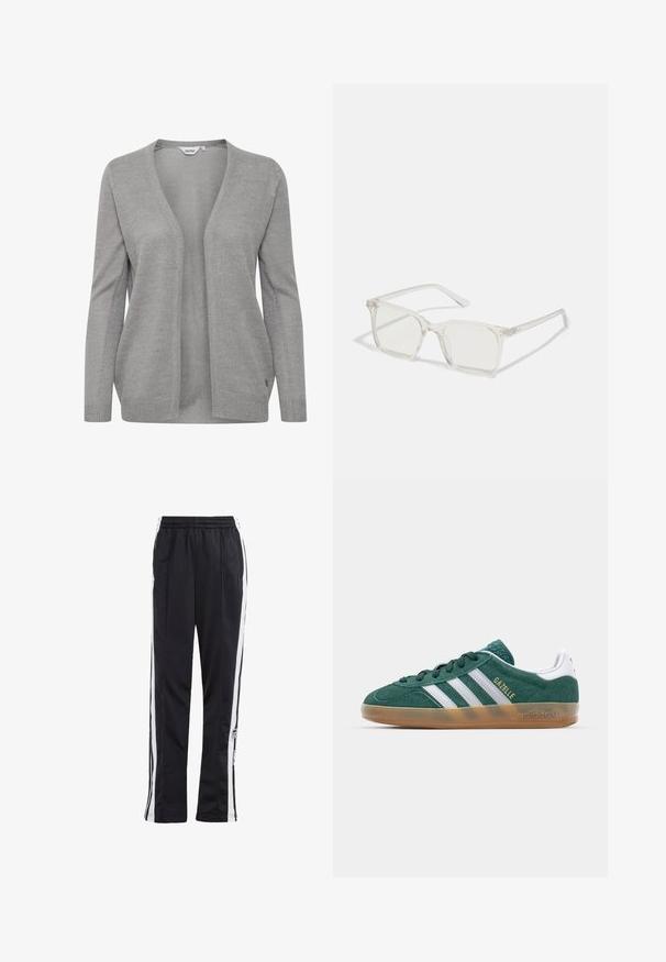 Khaki dvojřadové sako s velkými klopami a prošívanou podšívkou. Obsahuje černé knoflíky, boční kapsy a ohrnuté manžety.; Šedý cardigan z pleteného materiálu, má hluboký výstřih do V, otevřený přední díl, dlouhé rukávy a jemnou texturu s malou logovou akcentací.; Bílé bavlněné tílko s širokými ramínky, kulatým výstřihem a hladkou, žebrovanou texturou. Žádné vzory ani akcenty nejsou přítomny.; Černé sportovní kalhoty s bílými pruhy po stranách, elastickým pasem a logem. Vyrobeny z hladkého, lehkého materiálu. Rovný střih nohou.; Zelené semišové tenisky s bílými pruhy a zlatým textem "Gazelle". Mají gumovou podrážku a polstrovaný límec pro pohodlí.; Průhledné plastové brýle čtvercového rámečku s průsvitnými čočkami, které mají zlaté akcenty na spáncích pro zvýraznění detailů.