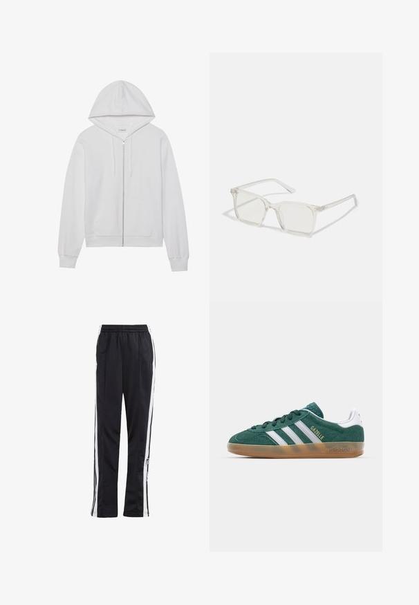 Khakifarbenes, doppelt geknöpftes Jacket mit großen Revers und gestepptem Futter. Verfügt über schwarze Knöpfe, Seitentaschen und umgeschlagene Manschetten.; Weiße Zip-up-Hoodie aus Baumwolle, mit Kapuze, Fronttaschen und gerippten Bündchen. Weiche Textur mit einem einfachen, klaren Design.; Weißes Baumwoll-Tanktop mit breiten Schulterträgern, einem runden Halsausschnitt und einer glatten, gerippten Textur. Keine Muster oder Akzente vorhanden.; Schwarze Jogginghose mit weißen Seitenstreifen, elastischem Bund und einem Logo-Patch. Hergestellt aus glattem, leichtem Stoff. Gerades Bein-Design.; Grüner Wildledersneaker mit weißen Streifen und goldener "Gazelle"-Schrift. Verfügt über eine Gummisohle und einen gepolsterten Kragen für zusätzlichen Komfort.; Klare, quadratische Kunststoffbrillen mit durchsichtigen Gläsern, die goldene Akzente an den Bügeln für zusätzliche Details aufweisen.