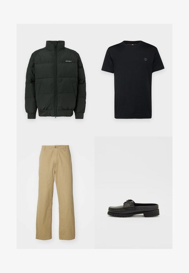 Czarna kurtka puchowa z wysokim kołnierzem, zamkiem błyskawicznym i ściągaczami na rękawach. Posiada poziome szwy i małe logo na klatce piersiowej.; Czarna bawełniana koszulka z okrągłym dekoltem, krótkimi rękawami oraz małym, haftowanym logo na piersi. Gładka tekstura, klasyczny krój.; Khaki bawełniane spodnie o prostym kroju, z zapinaniem na guzik z przodu oraz bocznymi kieszeniami. Gładka, wytrzymała tekstura.; Czarne skórzane buty wsuwane z detalami w postaci sznurków, okrągłym noskiem i teksturowaną podeszwą. Posiadają lekko podwyższony obcas i gładkie wykończenie.