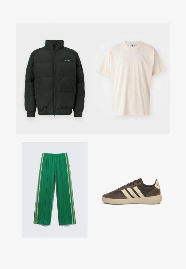 Schwarze Puffjacke mit hohem Kragen, Reißverschluss und gerippten Bündchen. Verfügt über horizontale Nähte und ein kleines Logo auf der Brust.; Cremfarbene Baumwoll-T-Shirt mit rundem Halsauschnitt und kurzen Ärmeln; verfügt über ein kleines, helles Logo auf der Brust.; Grüne, weit geschnittene Hosen aus glattem Stoff, mit elastischem Bund und kontrastierenden gelben Seitenstreifen mit Zickzackmuster.; Brauner Wildledersneaker mit drei weißen Streifen, abgerundetem Zehenbereich, dicker Gummisohle und minimaler Markenkennzeichnung an der Ferse.