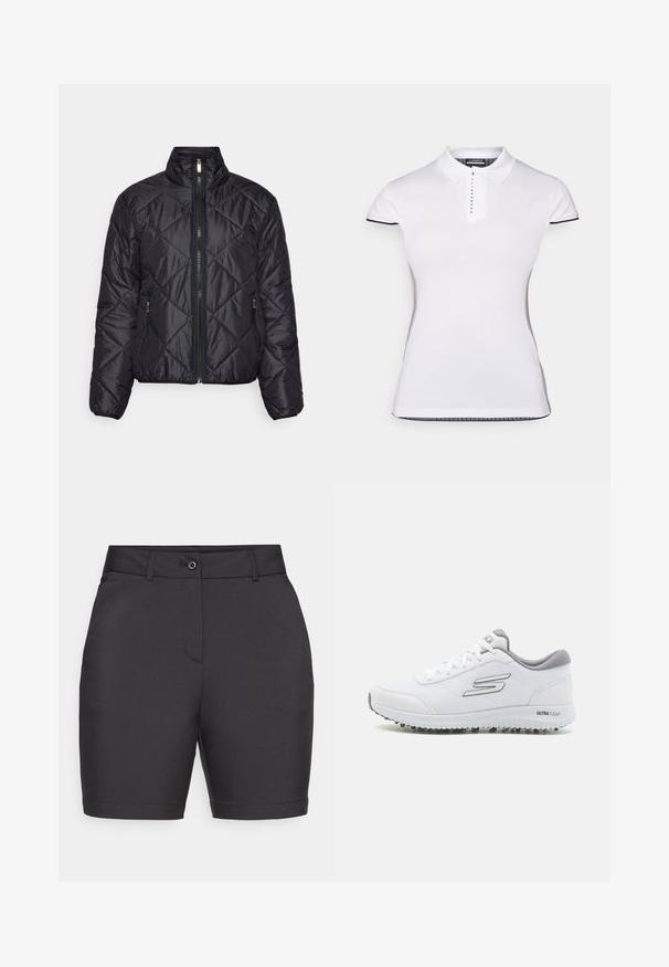 Juodas apklotas pūkinis striukė su aukštu apykakle, priekinio užtrauktuko uždarymu ir dviem šoninėmis kišenėmis. Lengvas audinys su lygiu paviršiumi.; Balta polo marškinėliai su trumpomis rankovėmis, apykakle ir priekiniais mygtukais. Juodos detalės ant rankovių ir šoninių siūlių. Minkšta, lygi tekstūra.; Juodi šortai, pagaminti iš lygaus audinio, su pritaikytu dizainu, priekiniais mygtukais ir šoninėmis kišenėmis, su apdorotais kraštais.; Balti sportiniai batai su tekstūruotu tinkliniu viršumi, sidabriniais akcentais ir lengvu padu, kuriame yra mažų sukibimo kaiščių, paženklinti "ULTRA FLIGHT."