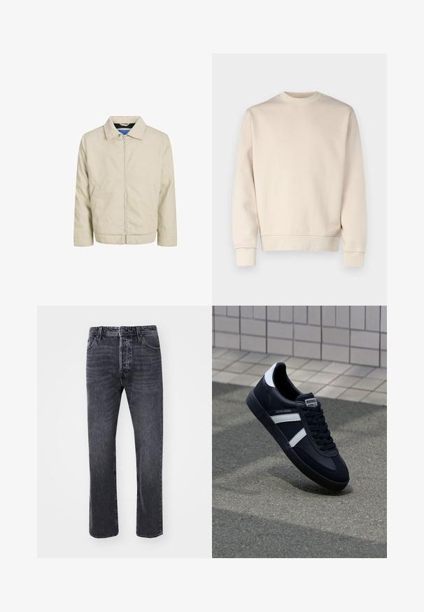Jachetă crem cu fermoar și guler, două buzunare frontale și croială dreaptă. Interiorul are un căptușel albastru în contrast. Fabricată dintr-un material ușor.; Hanorac bej cu o croială lejeră, cu guler rotund, mâneci lungi, manșete și tiv cu margini ondulate. Textură netedă, cu o decorațiune minimă.; Blugi negri din denim cu croială dreaptă, având cinci buzunare, închidere cu nasture și o ușoară decolorare pe țesătură.; Sneaker din piele neagră cu dungi albe, talpă din cauciuc texturat și șireturi. Prezintă un eticheta de marcă pe limbă.
