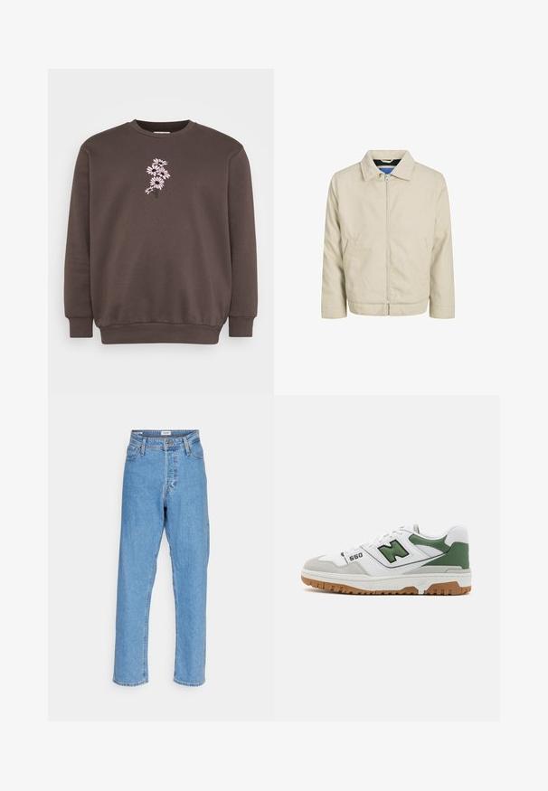 Giacca beige con zip, colletto, due tasche frontali e untaglio dritto. L'interno presenta una fodera blu a contrasto. Realizzata in tessuto leggero.; Felpa marrone con scollo tondo e maniche lunghe. Presenta un design di ricamo floreale rosa sul davanti, tessuto testurizzato e polsini a coste.; Jeans a vita alta, dritti, di colore blu chiaro, con chiusura frontale a bottone e zip, passanti per cintura e design a cinque tasche su sfondo bianco.; Sneaker bianca con dettagli verdi, materiali in suede e mesh, marcatura "550" prominente e suola in gomma. Design atletico classico.