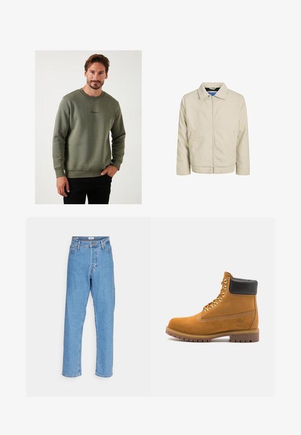 Beżowa kurtka zapinana na zamek z kołnierzykiem, dwoma przednimi kieszeniami i prostym krojem. Wnętrze wyróżnia kontrastowa niebieska podszewka. Wykonana z lekkiego materiału.; Oliwkowy sweatshirt wykonany z miękkiego materiału, z okrągłym dekoltem i haftowanym logo na piersi. Slim fit, długie rękawy.; Jasnoniebieskie dżinsy o wysokim stanie i prostych nogawkach z przednim zapięciem na guziki, zamkiem błyskawicznym, szyjką na pasek oraz pięcioma kieszeniami na białym tle.; Beżowe zamszowe botki sięgające kostki z czarną wyściełaną krawędzią, złotymi oczkami, białymi detalami szycia oraz wytrzymałą gumową podeszwą z wyraźnym bieżnikiem.