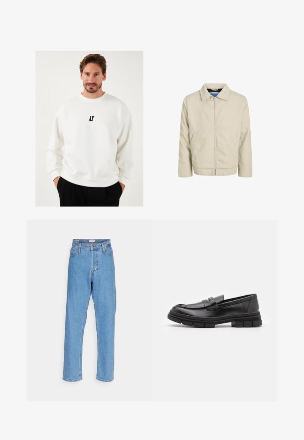 Beige ritsjack met een kraag, twee voorzakken en een rechte snit. Binnenkant heeft een contrasterende blauwe voering. Gemaakt van lichtgewicht stof.; Witte sweatshirt met een klein zwart logo op de borst, met een ronde halslijn en een ontspannen pasvorm, gemaakt van zachte stof.; Lichtblauwe high-waisted recht gesneden jeans met een voorste knoop, ritssluiting, riemlussen en een vijf-pocket ontwerp op een witte achtergrond.; Zwarte leren instappers met een gladde afwerking, voorzien van een voorste banddetail en een stevige rubberen zool met gegroefde accenten.