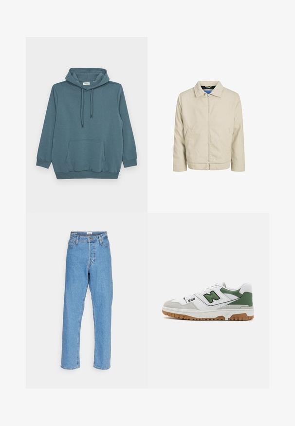 Veste zippée beige avec col, deux poches avant et coupe droite. L'intérieur présente une doublure bleue contrastante. Fabriquée en tissu léger.; Hoodie bleu-vert avec capuche à cordon de serrage, manches longues, poche kangourou à l'avant, et poignets et ourlet côtelés en tissu lisse.; Jeans taille haute droite bleu clair avec bouton à l'avant, fermeture éclair, passants de ceinture et design à cinq poches sur fond blanc.; Baskets blanches avec des accents verts, en matériaux en daim et en mesh, marquage "550" bien en vue et semelle en gomme. Design sportif classique.