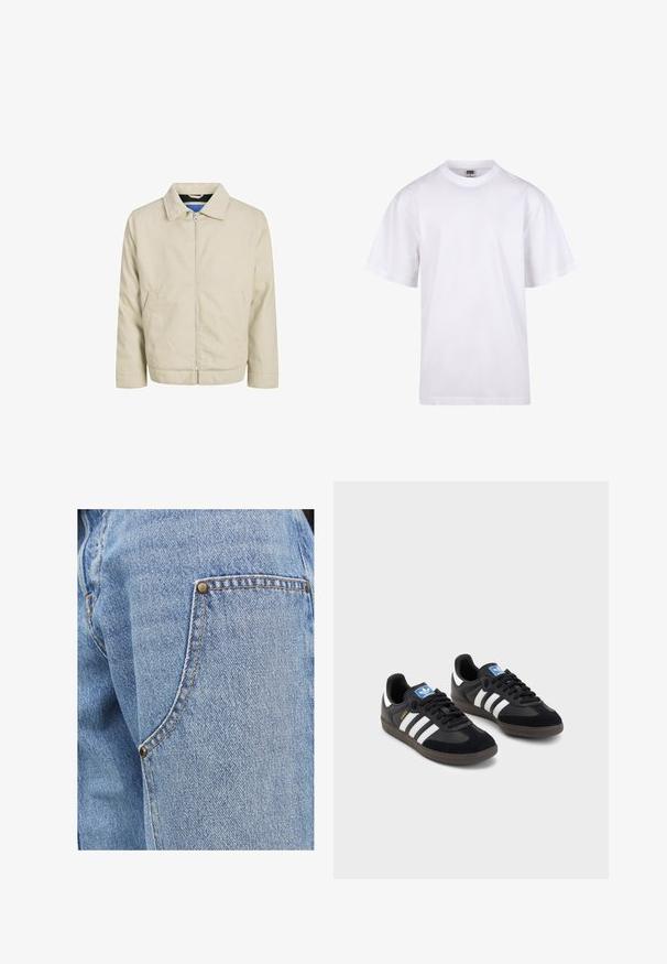 Šviesiai ruda zip-up striukė su apykakle, dviem priekinėmis kišenėmis ir tiesiu siluetu. Viduje yra kontrastinga mėlyna pamušalo medžiaga. Pagaminta iš lengvos medžiagos.; Balta medvilnės marškinėliai su apvaliu iškirpimu, trumpomis rankovėmis ir laisvu siluetu. Turi paprastą dizainą be raštų ar akcentų.; Šviesiai mėlyni džinsai su kontrastinga siuvinėjimu, su priekinėmis kišenėmis, akcentuotomis metalinėmis varžtelėmis, ir minkštu, tekstūruotu paviršiumi.; Juodi sportiniai bateliai su zomšos ir sintetine viršutine dalimi, turintys tris baltas juosteles, tekstūruotą gumos pado paviršių ir mėlyną logotipo etiketę ant liežuvėlio.