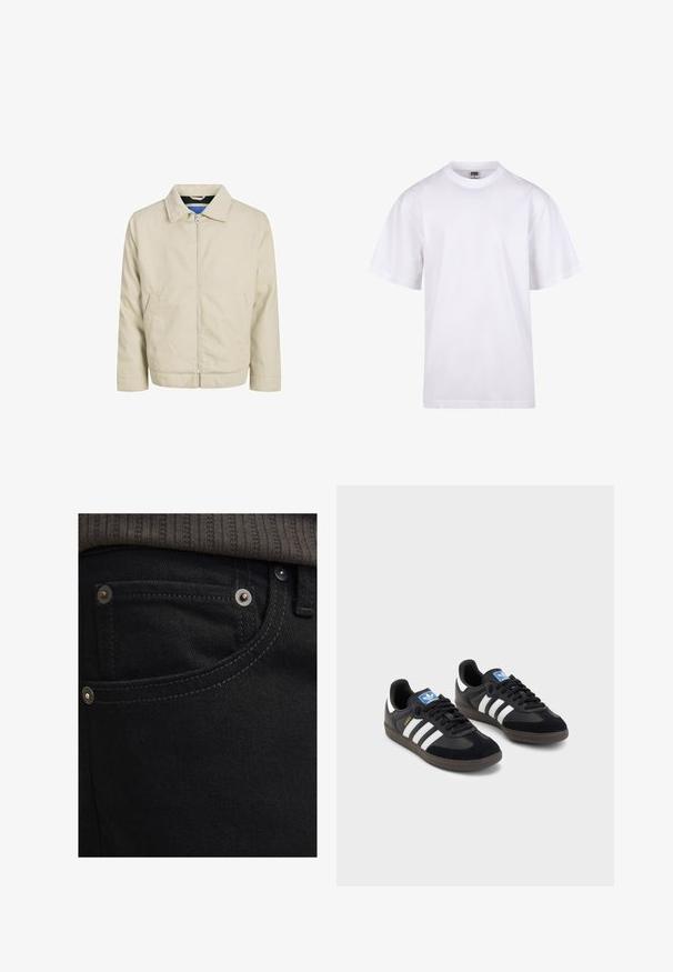 Beige színű zipzáros dzseki gallérral, két elülső zsebbel és egyenes szabással. Az bélés kontrasztos kék színű. Könnyű anyagból készült.; Fehér pamut póló kerek nyakkivágással, rövid ujjal és laza szabással. Egyszerű dizájnnal rendelkezik, minták vagy díszek nélkül.; Fekete farmernadrág, slim fit szabással és sima textúrával. Ezüst színű fémalkatrészek, szegecsek és kontrasztos varrás a zsebek közelében.; Fekete sportcipők, velúrból és szintetikus anyagból készült felsőrésszel, három fehér csíkkal, textúrázott gumitalppal és kék logó címkével a nyelvén.