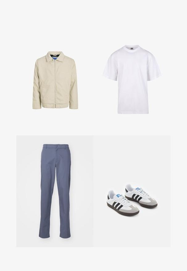 Bežna zip-jakna s ovratnikom, dvema sprednjima žepoma in pravim krojem. Notranjost se ponaša z kontrastnim modrim podlogom. Izdelana je iz lahkega materiala.; Bela bombažna majica s krojem na vratu, kratkimi rokavi in ohlapnim fitom. Ima enostaven dizajn brez vzorcev ali dodatkov.; Modre hlače ravnega kroja iz lahkega materiala z gladko teksturo, ki imajo sprednje žepke in gumbasto zapiranje v pasu.; Športni čevlji z belim usnjenim zgornjim delom, sivim semišem na prstih in tremi črnimi črtami. Imajo modro logo na jeziku in teksturiran gumijast podplat.