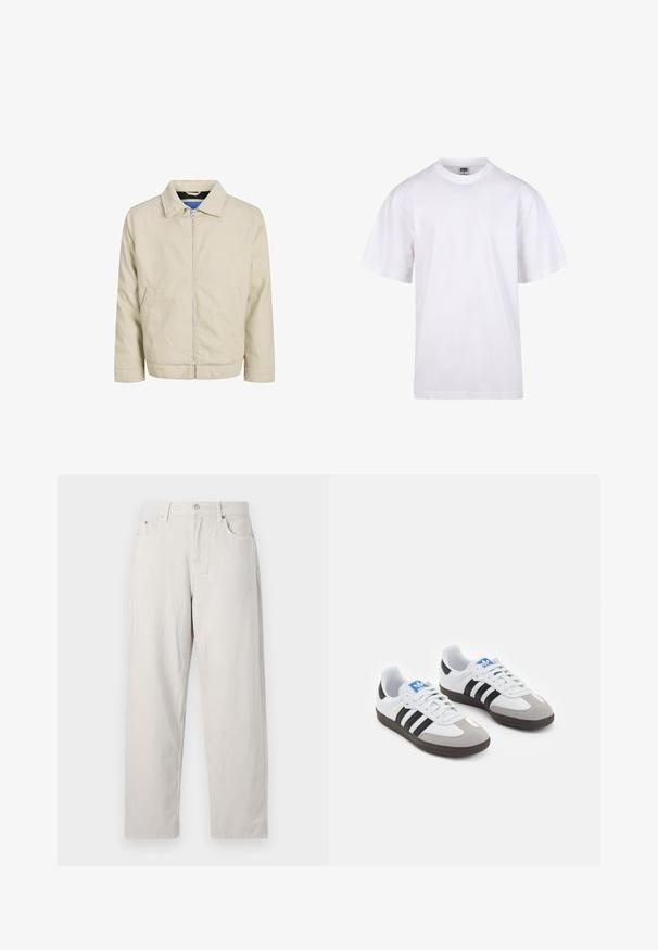Béžová zipová bunda s golierom, dvoma prednými vreckami a rovnými líniami. Interiér má kontrastné modré podšívku. Vyrobená z ľahkého materiálu.; Biela bavlnená tričko s okrúhlym výstrihom, krátkymi rukávmi a voľným strihom. Má jednoduchý dizajn bez vzorov alebo akcentov.; Svetlo béžové rifle s vysokým pásom v strihu s rovnými nohavicami. Vyrobené z hrubej bavlnenej tkaniny s vyčnievajúcimi prednými vreckami a jedným kovovým gombíkom.; Športové topánky s bielym koženým zvrškom, šedou semišovou špičkou a tromi čiernymi pruhmi. Obsahujú modré logo na jazyku a štruktúrovanú gumovú podrážku.