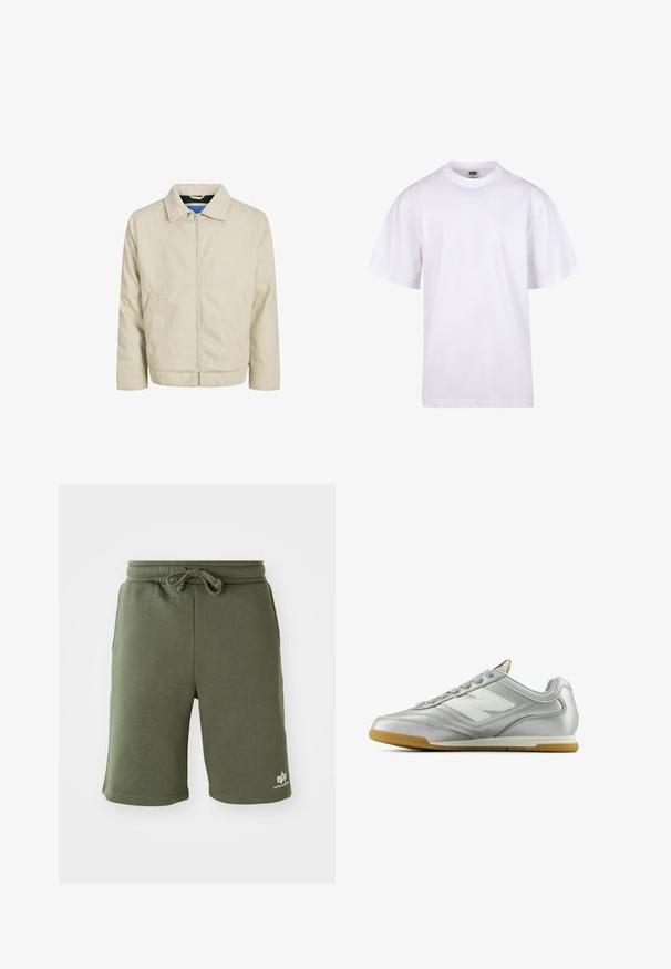 Beige Zip-Jacke mit Kragen, zwei Vorderentaschen und geradem Schnitt. Das Innere hat einen kontrastierenden blauen Futter. Hergestellt aus leichtem Stoff.; Weißes Baumwoll-T-Shirt mit Rundhalsausschnitt, kurzen Ärmeln und lockerer Passform. Hat ein schlichtes Design ohne Muster oder Akzente.; Olivgrüne Shorts aus weichem Stoff, mit einem Kordelzugbund, Seitentaschen und einem gedruckten Logo auf der unteren rechten Seite.; Silberner Sportschuh mit einer glatten, glänzenden Oberfläche, weißem Logo an der Seite, strukturierten grauen Schnürsenkeln und einer Sohle aus Gummi.