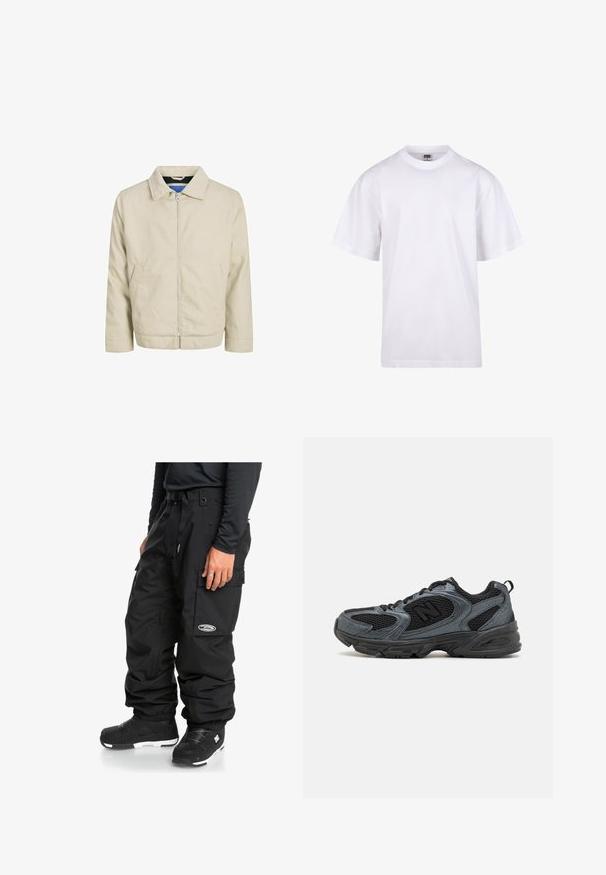 Bež jakna sa zipom, s kragnom, dva prednja džepa i ravnim krojem. Unutrašnjost ima kontrastnu plavu podstavu. Napravljena od laganog materijala.; Bijela pamučna majica s okruglim izrezom, kratkim rukavima i opuštenim krojem. Ima jednostavan dizajn bez uzoraka ili akcenta.; Quiksilver SNOW DOWN CARGO PANT - Snowboard hlače - true black; Crne i sive sportske cipele s teksturiranim mrežastim gornjim dijelom, gumenenim potplatom i potporom. Imaju logo i sustav vezivanja.