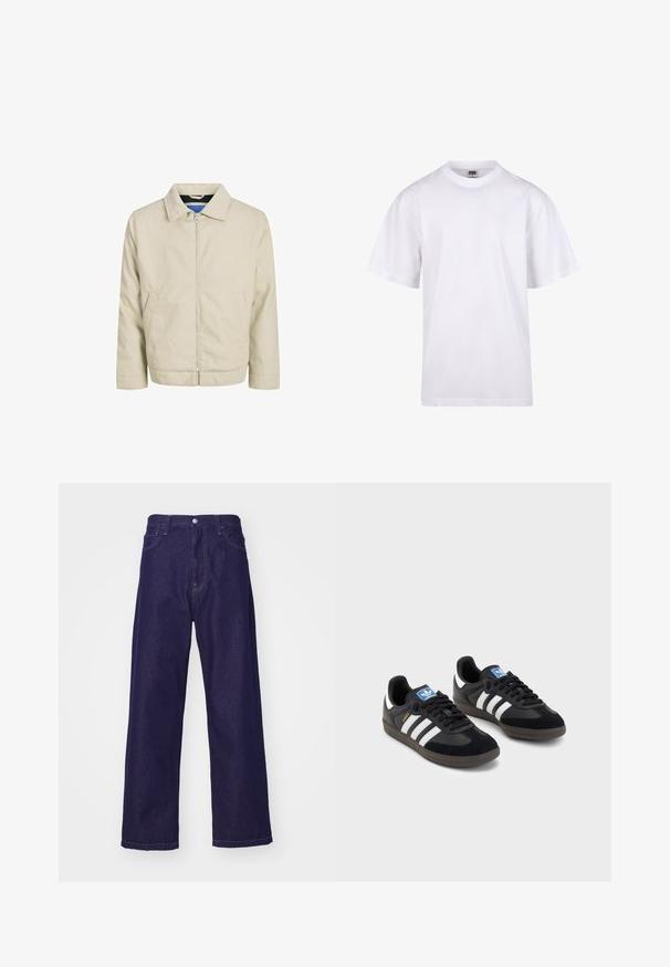 Beige zip-jakke med krave, to frontlommer og lige snit. Indvendigt har den en kontrasterende blå foring. Fremstillet af letvægtsstof.; Hvid bomulds T-shirt med rund halsudskæring, korte ærmer og en afslappet pasform. Har et enkelt design uden mønstre eller dekorationer.; Mørkeblå denim bukser med vid ben, høj talje, der har forlommer og knaplukning, som viser en glat og robust tekstur.; Sorte sneakers med en overdel i ruskind og syntetisk materiale, med tre hvide striber, struktureret gummisål og en blå logoetiket på tungen.