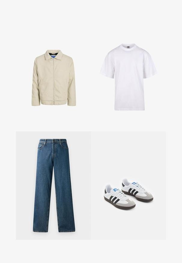 Bežna zip-jakna s ovratnikom, dvema sprednjima žepoma in pravim krojem. Notranjost se ponaša z kontrastnim modrim podlogom. Izdelana je iz lahkega materiala.; Bela bombažna majica s krojem na vratu, kratkimi rokavi in ohlapnim fitom. Ima enostaven dizajn brez vzorcev ali dodatkov.; Temno modri kavbojki iz denima z ohlapnim krojem, ravnimi hlačnicami, petimi žepi in kontrastnim šivanjem. Imajo sprednje zapiranje z gumbom in zadrgo.; Športni čevlji z belim usnjenim zgornjim delom, sivim semišem na prstih in tremi črnimi črtami. Imajo modro logo na jeziku in teksturiran gumijast podplat.