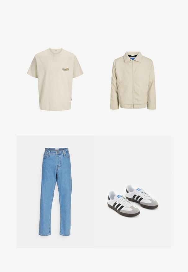 Beige Zip-Jacke mit Kragen, zwei Vorderentaschen und geradem Schnitt. Das Innere hat einen kontrastierenden blauen Futter. Hergestellt aus leichtem Stoff.; Hellbeige Baumwoll-T-Shirt mit kurzen Ärmeln, rundem Halsausschnitt und einem bedruckten Logo auf der Brust, das "ORIGINALS ESTABLISHED IN 1900" liest.; Helle blaue, hoch-taillierte, gerade Jeans mit vorderem Knopf, Reißverschluss, Gürtelschlaufen und Fünf-Taschen-Design auf weißem Hintergrund.; Sportschuhe mit einem Obermaterial aus weißem Leder, grauer Wildleder-Zehenkappe und drei schwarzen Streifen. Sie verfügen über ein blaues Logo auf der Zunge und eine strukturierte Gummisohle.