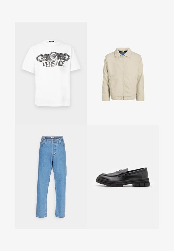 Bež jakna sa zipom, s kragnom, dva prednja džepa i ravnim krojem. Unutrašnjost ima kontrastnu plavu podstavu. Napravljena od laganog materijala.; Bijela pamučna majica s metalnim dizajnom lanaca i okruglim emblamom s lavom, na kojem je istaknuto "VERSACE" logotip.; Svijetloplave traperice s visokim strukom i ravnim nogavicama, s prednjim gumbom, zatvaranjem na zatvarač, petljama za remen i dizajnom s pet džepova na bijeloj pozadini.; Crni kožni loafers s glatkom završnom obradom, s detaljem prednjeg remena i debelim gumenim potplatom s urezanim akcentima.