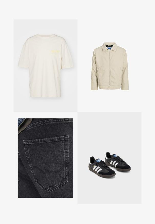 Beige Zip-Jacke mit Kragen, zwei Vorderentaschen und geradem Schnitt. Das Innere hat einen kontrastierenden blauen Futter. Hergestellt aus leichtem Stoff.; Jack & Jones JORMERCADO TEE SS CREW NECK - T-Shirt print - buttercream; Schwarze Denim-Jeans mit einer Gesäßtasche und subtilen Nähdetails. Die Textur ist leicht abgenutzt mit einem weichen, verblassten Finish.; Schwarze Sneaker mit einem Obermaterial aus Wildleder und Synthetik, ausgestattet mit drei weißen Streifen, einer strukturierten Gummi-Sohle und einem blauen Logo-Tag auf der Zunge.