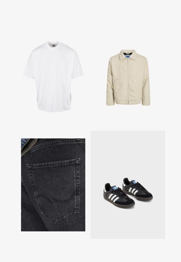 Šviesiai ruda zip-up striukė su apykakle, dviem priekinėmis kišenėmis ir tiesiu siluetu. Viduje yra kontrastinga mėlyna pamušalo medžiaga. Pagaminta iš lengvos medžiagos.; Balta medvilninė marškinėliai su laisvu prigludimu, trumpomis rankovėmis ir apvaliu iškirpimu, turintys tiesų apatinį kraštą ir jokių matomų grafikų ar raštų.; Juodos džinsinės kelnės su užpakaliniu kišeniu ir subtiliais siuvinėjimo akcentais. Medžiaga šiek tiek nusidėvėjusi, su švelniu, išblukusiu paviršiumi.; Juodi sportiniai bateliai su zomšos ir sintetine viršutine dalimi, turintys tris baltas juosteles, tekstūruotą gumos pado paviršių ir mėlyną logotipo etiketę ant liežuvėlio.