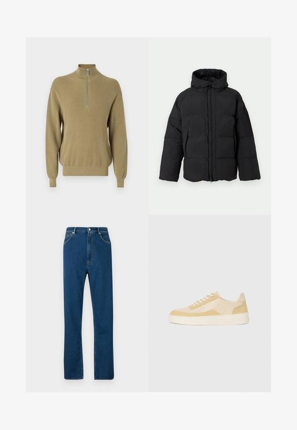 Črna napihljiva jakna s kapuco, z zadrgo spredaj, širokimi rokavi, prešito vzorcem in dvema stranskima žepoma za toploto in udobje.; Pletena pulover v olivno zeleni barvi z visokim ovratnikom in kratkim sprednjim zadrgo. Žameten vzorec in dolgi rokavi, sproščen kroj z ožjim robom.; Modre jeans iz denima z visokim pasom, ravnim krojem, petimi žepi in kontrastnim oranžnim šivom. Gladka tekstura.; Tenisice v svetlo rumeni usnjeni in semiš varianti, z udobnim podplatom in šivi. Klasična zasnova z vezalkami in okroglo konico.