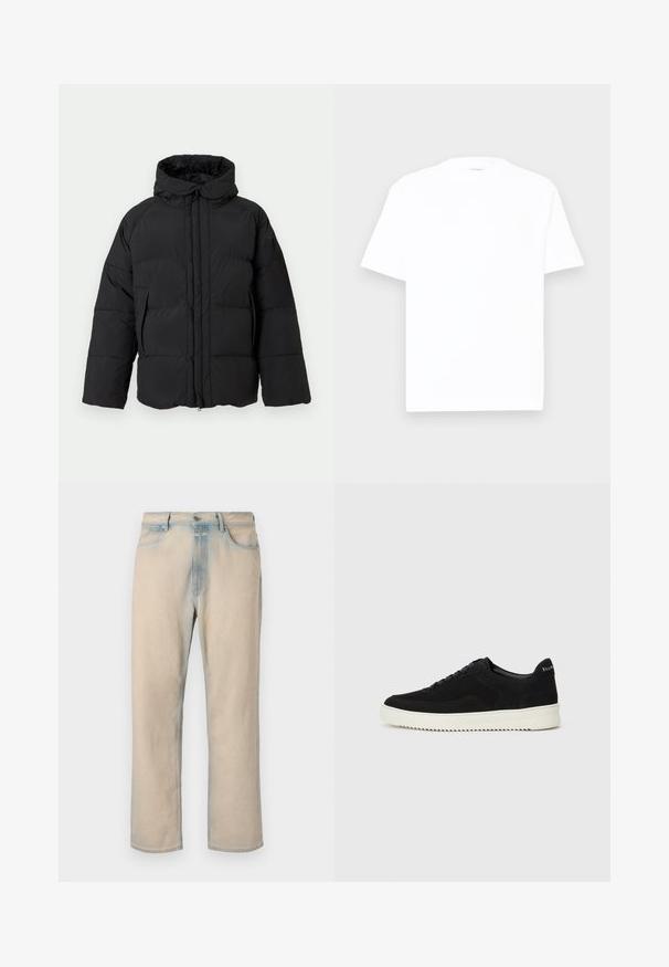 Juodas pūkinis švarkas su gaubtu, turintis užtrauktuką priekyje, plačias rankoves, siuvinėtą raštą ir du šoninius kišenes šilumai bei patogumui.; Balta medvilninė marška su apvalia iškirpte, trumpomis rankovėmis ir laisvu siluetu. Lygi tekstūra, minimalus dekoro, be raštų ar grafikos.; Šviesiai ruda džinsų audinio kelnės su tiesiu kirpimu, šviesiai mėlynomis akcentais, penkiomis kišenėmis ir sagčia liemens srityje.; Juodos veliūrinės sportinės bateliai su raištelių dizainu ir kontrastinga balta gumine padais. Yra tekstūruoti šoniniai skydeliai ir subtilus logotipas ant kulno.