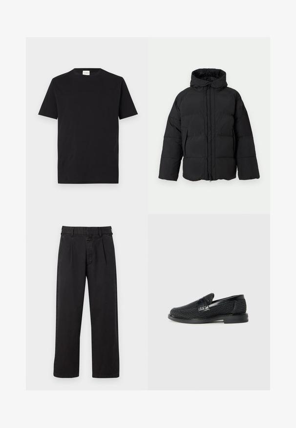 Schwarze Pufferjacke mit Kapuze, Reißverschluss vorne, weit geschnittenen Ärmeln, gestepptem Muster und zwei seitlichen Taschen für Wärme und Komfort.; Schwarzes Baumwoll-T-Shirt mit Rundhalsausschnitt und kurzen Ärmeln. Hat einen geraden Schnitt und ein minimalistisches Design, mit einem sichtbaren Etikett am Kragen.; Schwarze Baumwollhosen mit geradem Schnitt, featuring einen gefalteten Vorderteil, Gürtelschlaufen und einem Knopfverschluss. Glatte Textur ohne Muster.; Schwarzer geflochtener Slipper mit einem glatten Lederakzent im Obermaterial, einem runden Zehendesign und einer flachen Gummisohle.