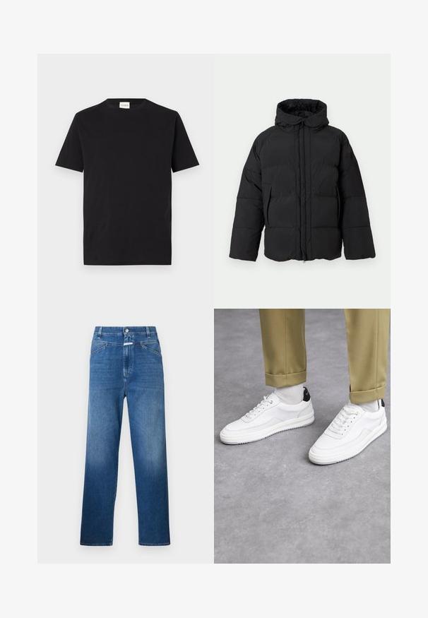 Schwarze Pufferjacke mit Kapuze, Reißverschluss vorne, weit geschnittenen Ärmeln, gestepptem Muster und zwei seitlichen Taschen für Wärme und Komfort.; Schwarzes Baumwoll-T-Shirt mit Rundhalsausschnitt und kurzen Ärmeln. Hat einen geraden Schnitt und ein minimalistisches Design, mit einem sichtbaren Etikett am Kragen.; Blaue Denim-Jeans mit geradem Bein, ausgestattet mit einem Knopfverschluss, Gürtelschlaufen und dezenten Ausbleichungen an den Oberschenkeln.; Weiße Sneakers mit einer strukturierten Lederoberfläche, abgerundeter Zehenpartie und schwarzem Fersenakzent. Gummisohle mit kleinem Profilmuster und genähten Details.
