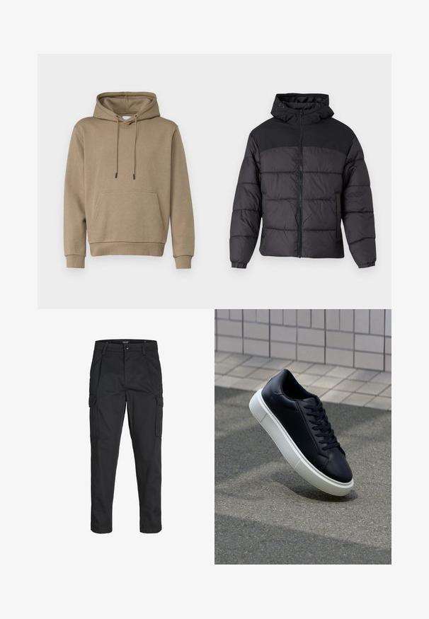 Black puffer jacket with a hood, featuring a zip front, elastic cuffs, and a quilted design. Upper section is smooth fabric.; Hooded sweatshirt in light brown, made of soft fabric. Features a front pouch pocket and ribbed cuffs. Simple design with drawstrings.; Black cargo pants made of sturdy fabric, featuring multiple pockets, a button closure, and a slim fit design with tapered legs.; Black leather sneaker with rounded toe and white rubber sole. Features flat laces and minimal stitching on the upper. Textured sole for grip.